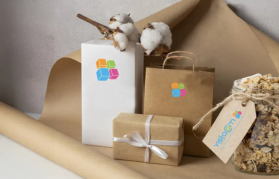 ETIQUETTES / SACS / TOTEBAGS / BOITES D’EMBALLAGE / PAPIER CADEAUX / avec VISTACOM